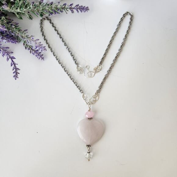 Rose Quartz Heart Shaped Stone Pendant Necklace - Picture 6 of 12
